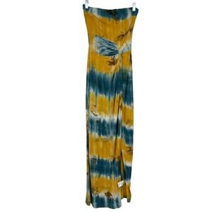 BLANC CLOTHING Tie Dye Maxi Dress Green Yellow Strapless Slit Stretch Women S